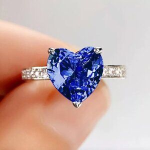 925 Sterling Silver Sapphire Diamond Heart Ring